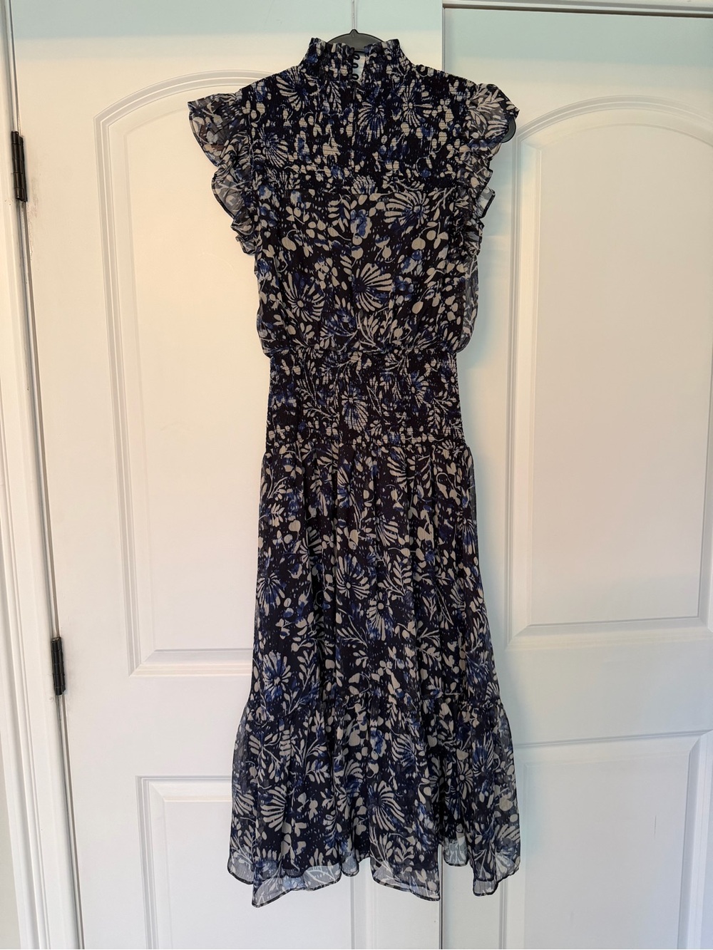 Aqua Floral Ruffle Midi Dress in Navy and Cream